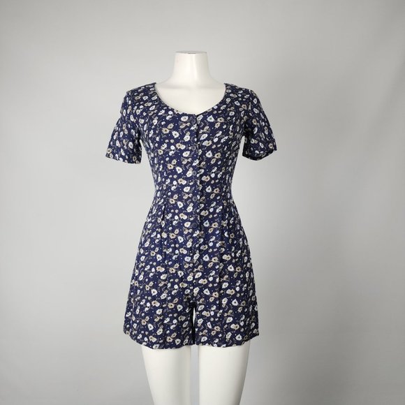 Vintage Pants - Vintage Jessica Scott Navy Blue Floral Button Up Romper Size S/M